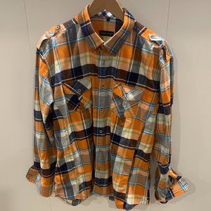 Jared Lang Orange Blue and White Checkered pattern Men's Button Down Flannel XL